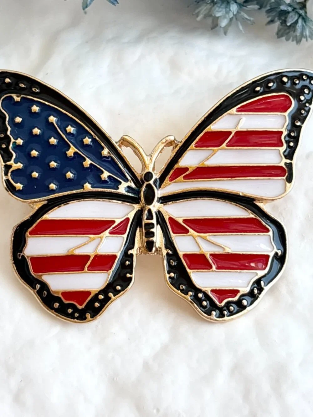 Butterfly Figural American Flag Enameled Gold Toned Patriotic Brooch Pin
